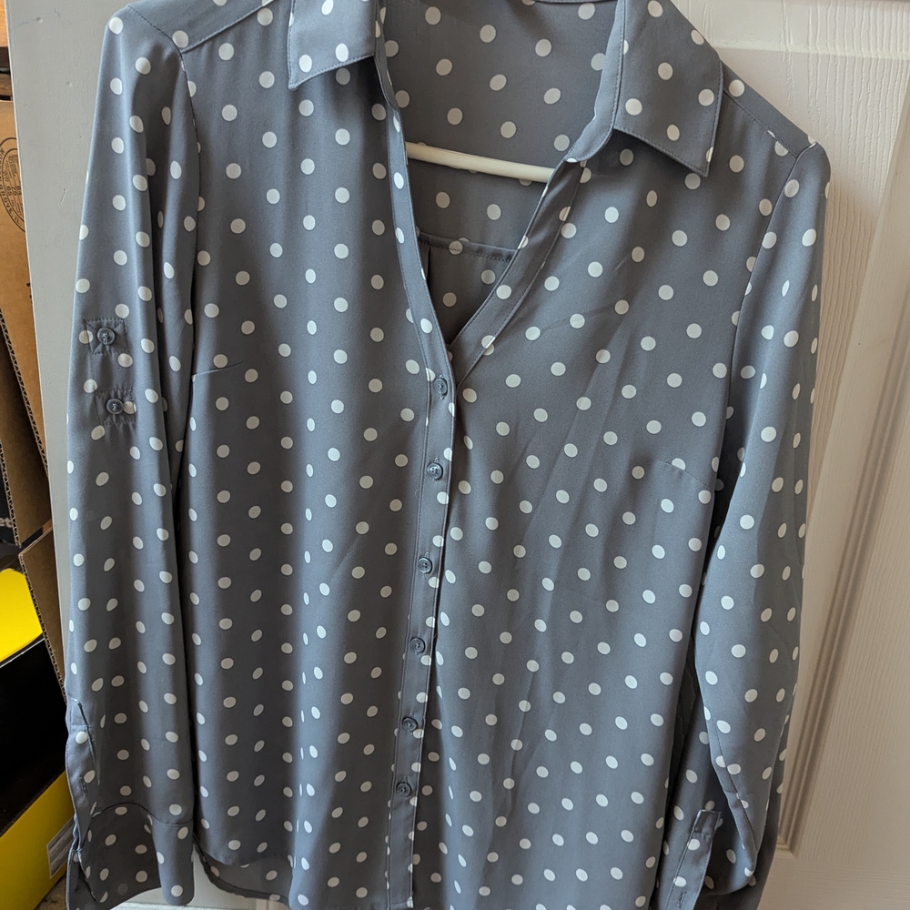 Gray Polka Dot Button-Up Blouse